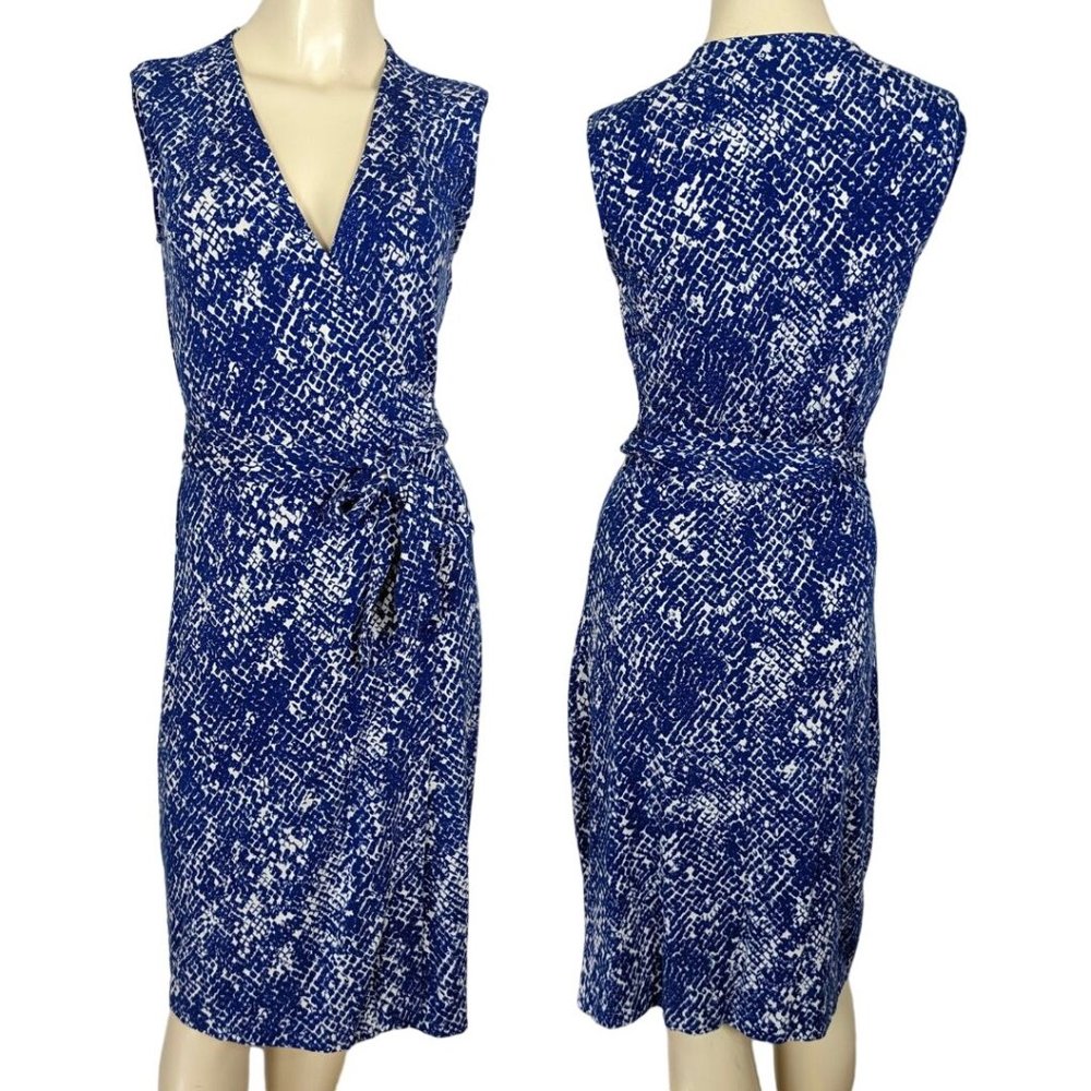 DVF Diane Von Furstenberg sleeveless blue white wrap yahzi short dress sz‎ S